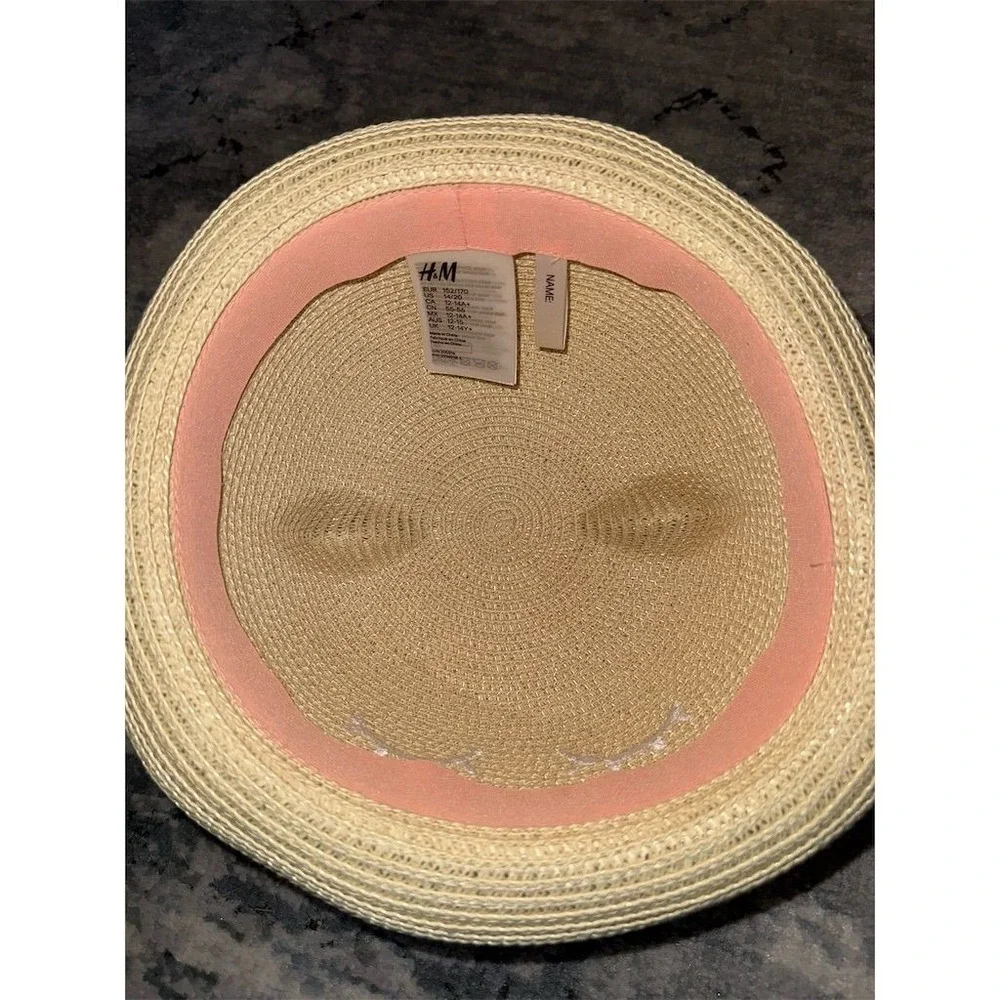 H&M Kids Straw Kitty ears Hat Beige with Eyelash‎ & Pink Ribbon Accents